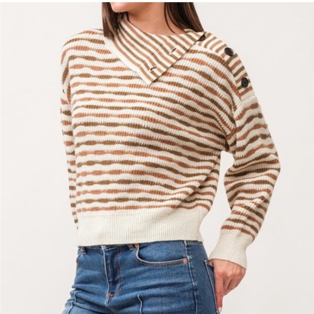 Dear John Womens Large Cream Olive Brown Striped Wool Blend Cowl Neck Sweater